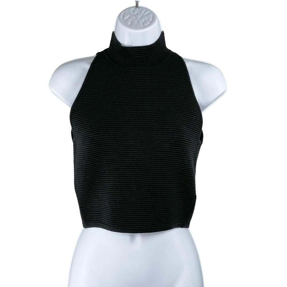 Rebecca Minkoff Black Ribbed Halter Crop Top Small Mock Neck Zip Back Goth